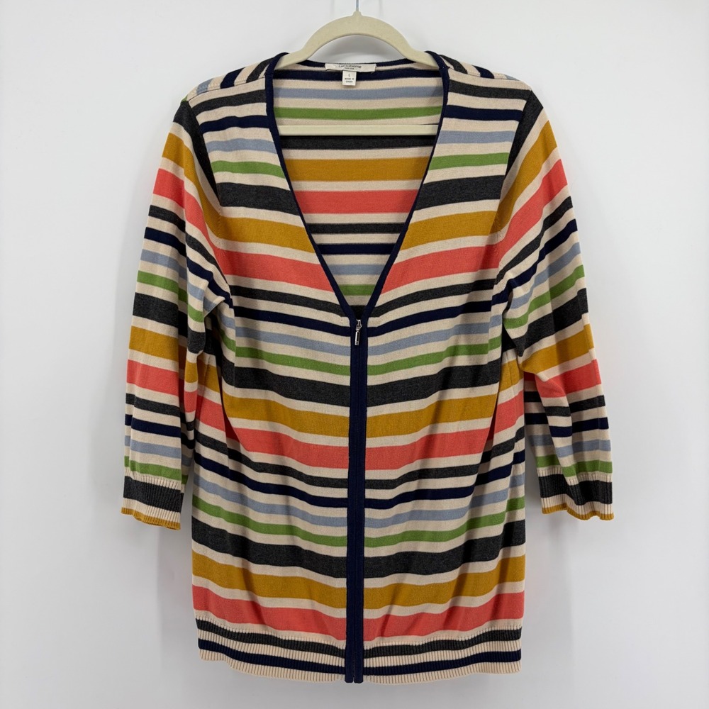 Liz‎ Claiborne Womens L Multicolor Cardigan Zip Front Striped 3/4 Sleeve Cotton